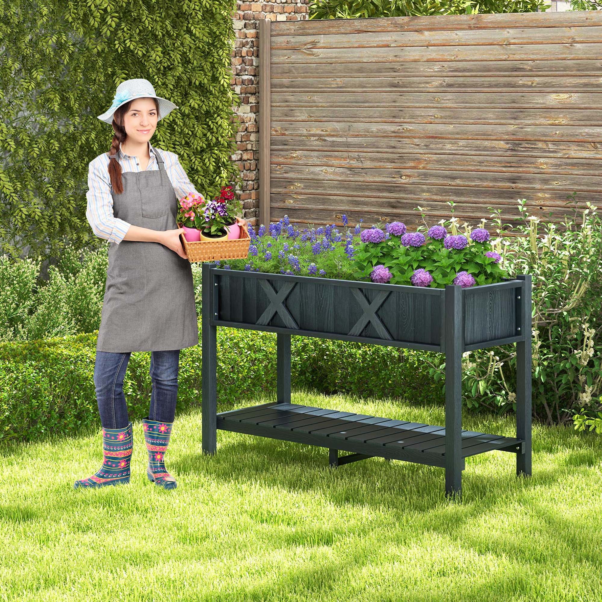 Costway HIPS Raised Garden Bed Poly Wood Elevated Planter Box with Legs, Storage Shelf Black
