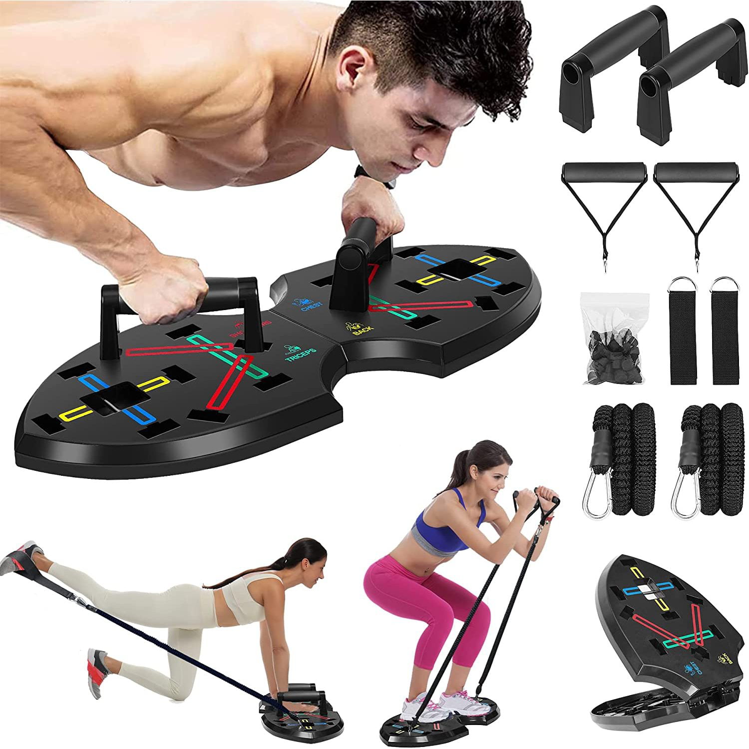 Foldable Push Up Board, Portable Home Gym with Resistance Bands, Ab Roller  Wheel, and 19 Fitness Accessories including Fitness Bars. Versatile Fitness