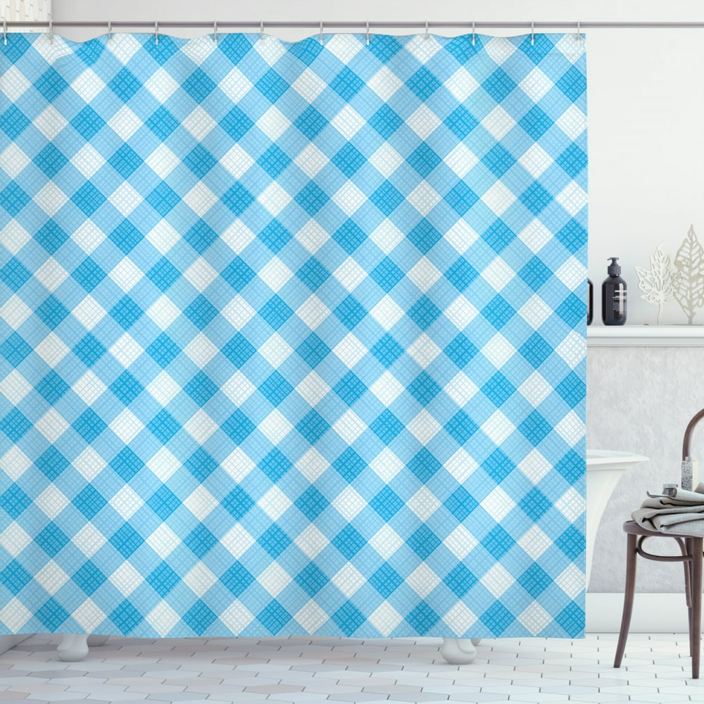 Checkered Shower Curtain, Blue and White Gingham Fabric Texture Image