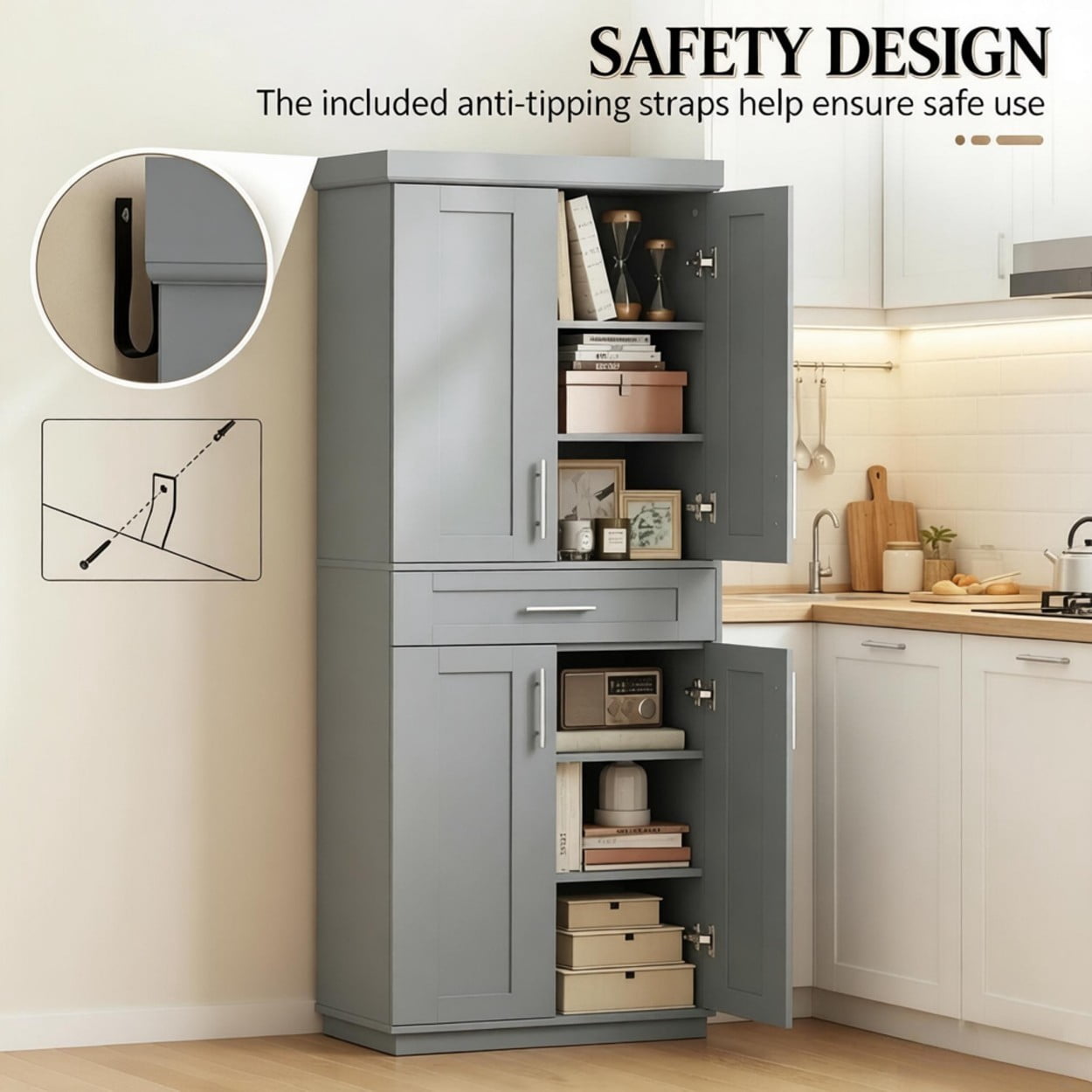 72" Tall Kitchen Pantry Cabinet with Drawer & Adjustable Shelves, Freestanding Storage Cabinet with Doors, Modern Farmhouse Cupboard Organizer for Kitchen Dining Room Living Room, Gray
