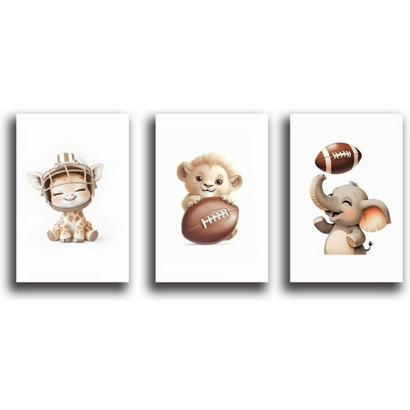 Jungle Animals Kids Room Wall Decor Set of 3 Rhino Lion Tiger and Olive Soccer Puck Canvas Print Watercolor Animal Poster Baby Boy Sports Decor Art Painting
