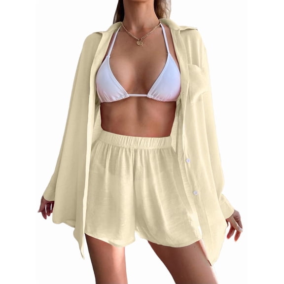 Womens Beach Cover Up Loose Shirt Style Sun Protection Set Casual Vacation Bikini Top and Pants Color S