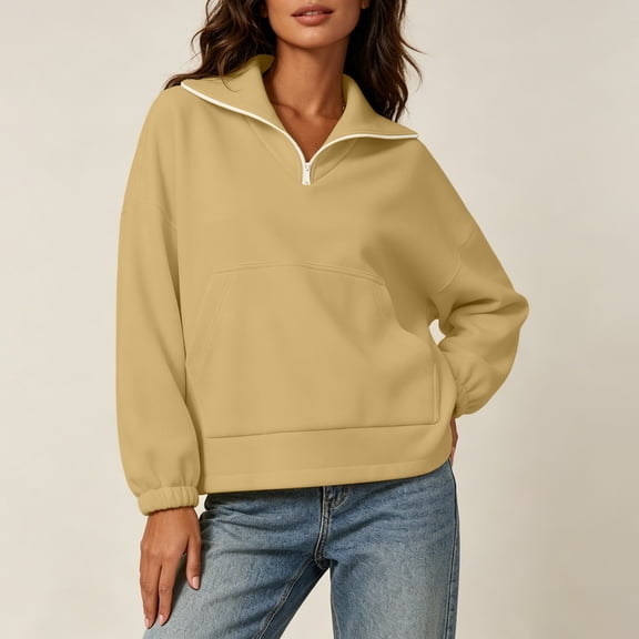 FDGIU 2026 Spring Fall Women's Contrast Trim Quarter Zip Lapel Collar Cropped Sweatshirt, Long Sleeve Solid Loose Pullover Top with Front Pocket for Daily Layering