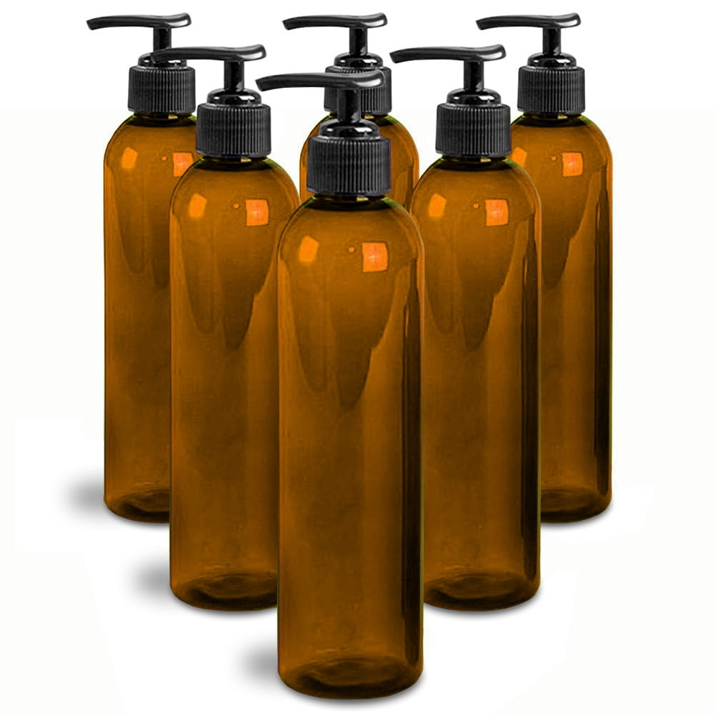 Royal Massage 8oz Bullet Round Massage Oil/Lotion/Liquid Bottle with Saddle Pump (Amber, Set of 6)