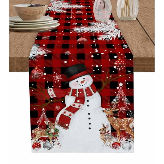 Table Runners 48 Inches Long Dress Scarves, Red Christmas Plaid Farmhouse Kitchen/Dining Table Runner, Short Coffee Tablerunners, Snowman Elk Balls Snowflake Xmas 13x48 Inch