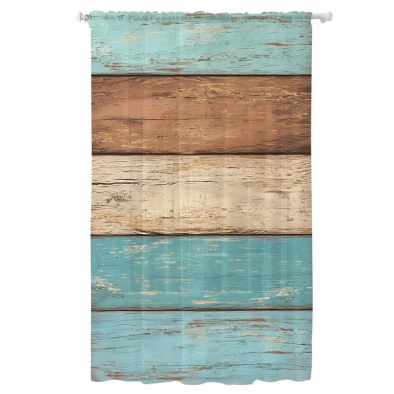 Sheer Curtains 96 Inches Long, Farmhouse Aqua Brown Semi Sheer Curtains Light Filtering Window Treatment, Vintage Wooden Striped Privacy Voile Drapes for Living Room Bedroom 52x96 Inch