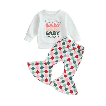 

2Pcs Toddler Baby Girl Christm Outfit Clothes Print Long Sleeve Sweatshirt + Flare Trousers Set