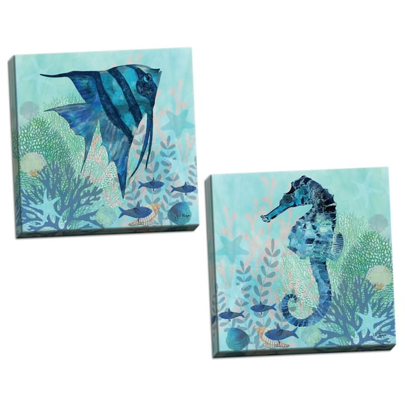 Gango Home Decor Modern Coral Reef I & II; Two 12x12in Hand-Stretched Canvases