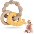 thumbnail image 1 of Mordedor para bebé, mordedor de silicona y madera 2 en 1, juguete mordedor para bebé que calma las encías de los bebés de 3 meses en adelante (marrón amarillo), 1 of 5
