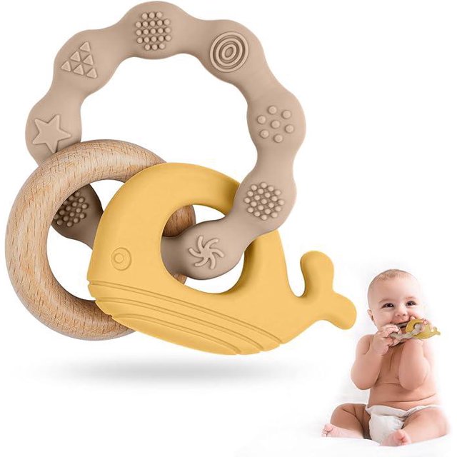 Mordedor para bebé, mordedor de silicona y madera 2 en 1, juguete mordedor para bebé que calma las encías de los bebés de 3 meses en adelante (marrón amarillo)