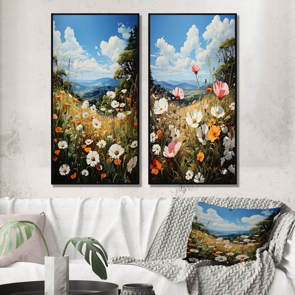 Designart "Meadow of Wonder with Wildflowers" Wildflowers Framed Wall Art Set Of 2 - White Floral Framed Canvas Set For Living Room Decor