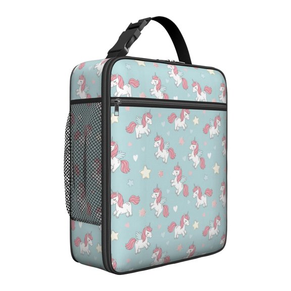 Unicorn and Wing Blue Pattern Insulated Lunch Bag for Men Women,Waterproof Lunch Box for Work,Picnic or Travel,Thermal Insulation,10.63x9.06x3.54 Inches