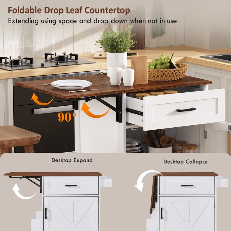 Farmhouse Small Kitchen Rolling Cart with Drop Leaf, Kitchen Island Storage Cabinet with Racks, Hooks, Drawer & Lockable Wheel