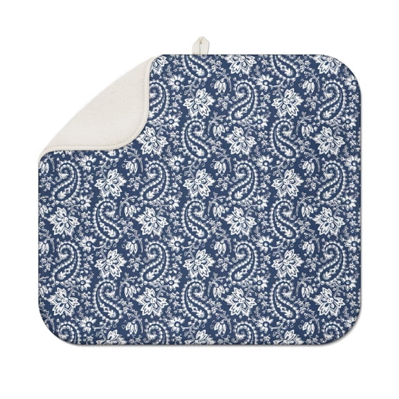 Blue Pioneer Flower and Paisley Pattern Dish Drying Mat for Kitchen 1 Pack, Ultra Absorbent Microfiber Dishes Drainer Mats,16"x18"