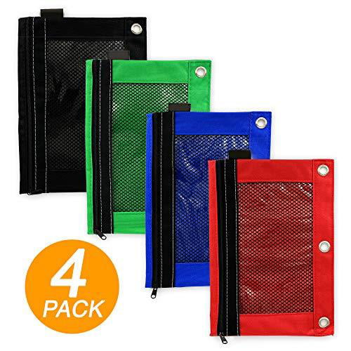 Kicko Pencil Case Office Products 3 Ring Pouch with Mesh Window- Assorted Basic Colors Binder Pouch 4 Pack Durable and Heavy Duty Pencil Holders School Supplies