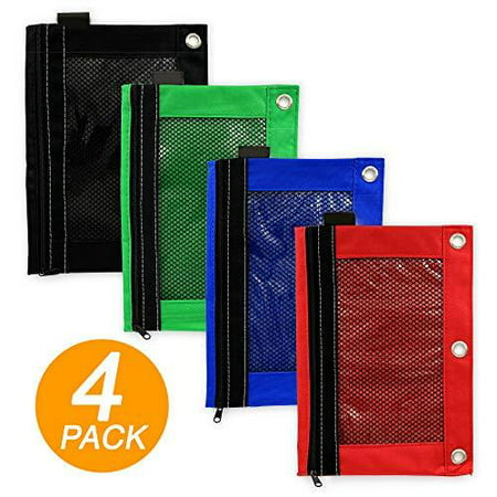 Emraw 4 Pieces Ring Binder Pouch - Pencil Bag with Holes 3-Ring Zipper Pouches with Mesh Window Pencil Pouches for Binders, Zippered Pencil Pouch Storage Pouch mesh Pencil case