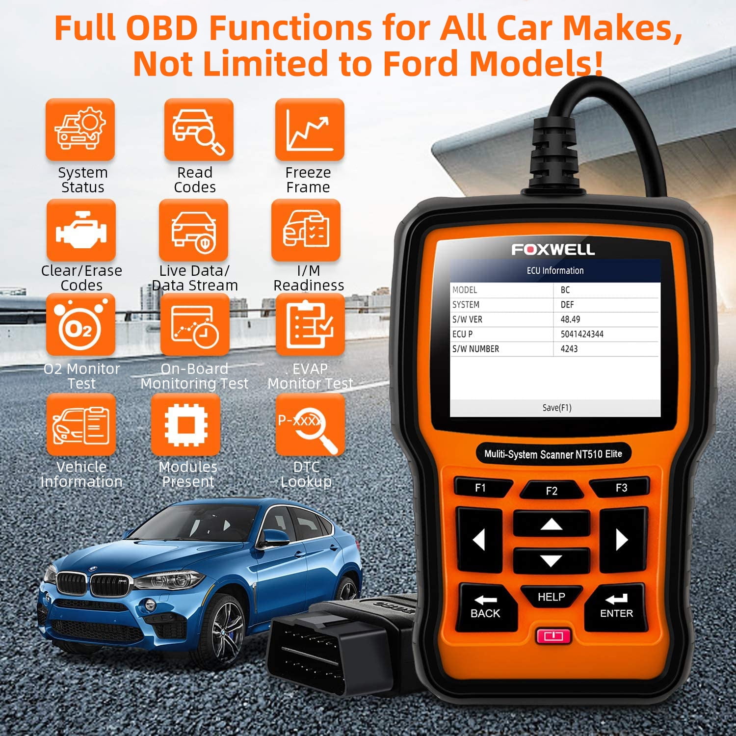 Foxwell NT510 Elite Automotive Bi-directional Diagnostic Scan Tool OBD2 Scanner Fits for Ford Lincoln Mercury Vehicles All System Scanner with ABS SAS EPB Oil Reset Service OBDII OBD Car Code Reader