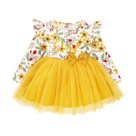 

Kucnuzki 2T Toddler Baby Girl Winter Dress Causal Dress 3T Toddler Girl Long Sleeve Contrast Floral One Letter Prints Ruffled Tulle Layer Casual Dress Yellow