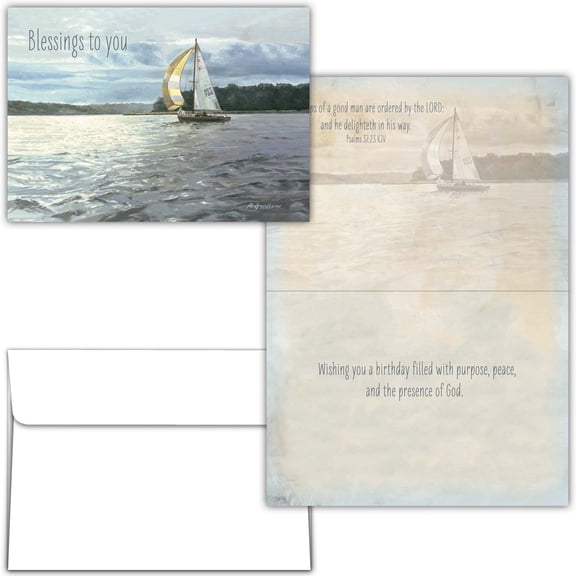 Shared Blessings Religious Birthday Greeting Card with KJV Scripture for Men, Inspirational Sailboat Artwork Featuring Faith Based Message