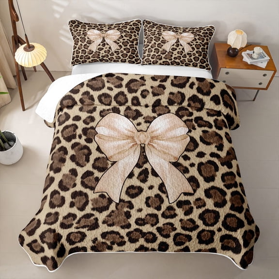 Erosebridal Chic Leopard Print Twin Quilt Set,Light Brown Bowknot Print Twin Coverlet Set For Bow Lovers,2-Piece