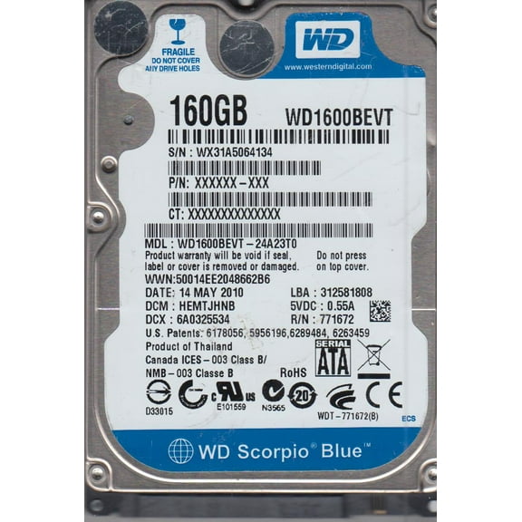 WD1600BEVT-24A23T0, DCM HEMTJHNB, Western Digital 160GB SATA 2.5 Hard Drive