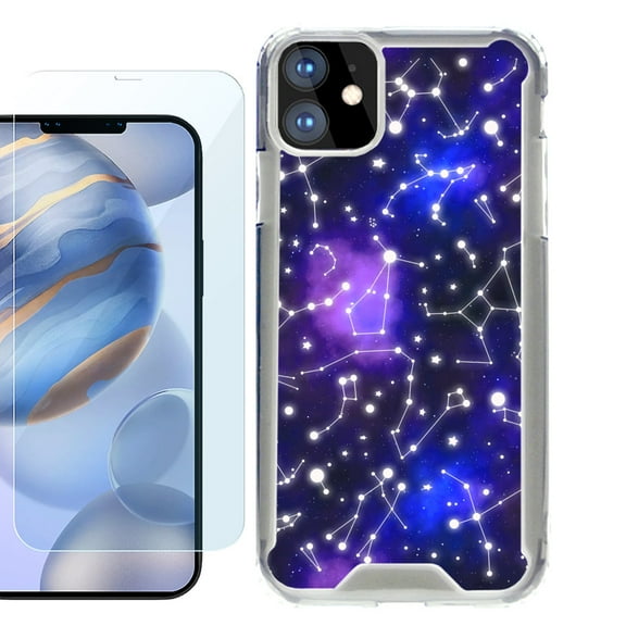 For Apple iPhone 12 Case, iPhone 12 Pro Case, Hybrid Bumper Phone case, with Tempered Glass Screen Protector, by OneToughShield ® - Constellations