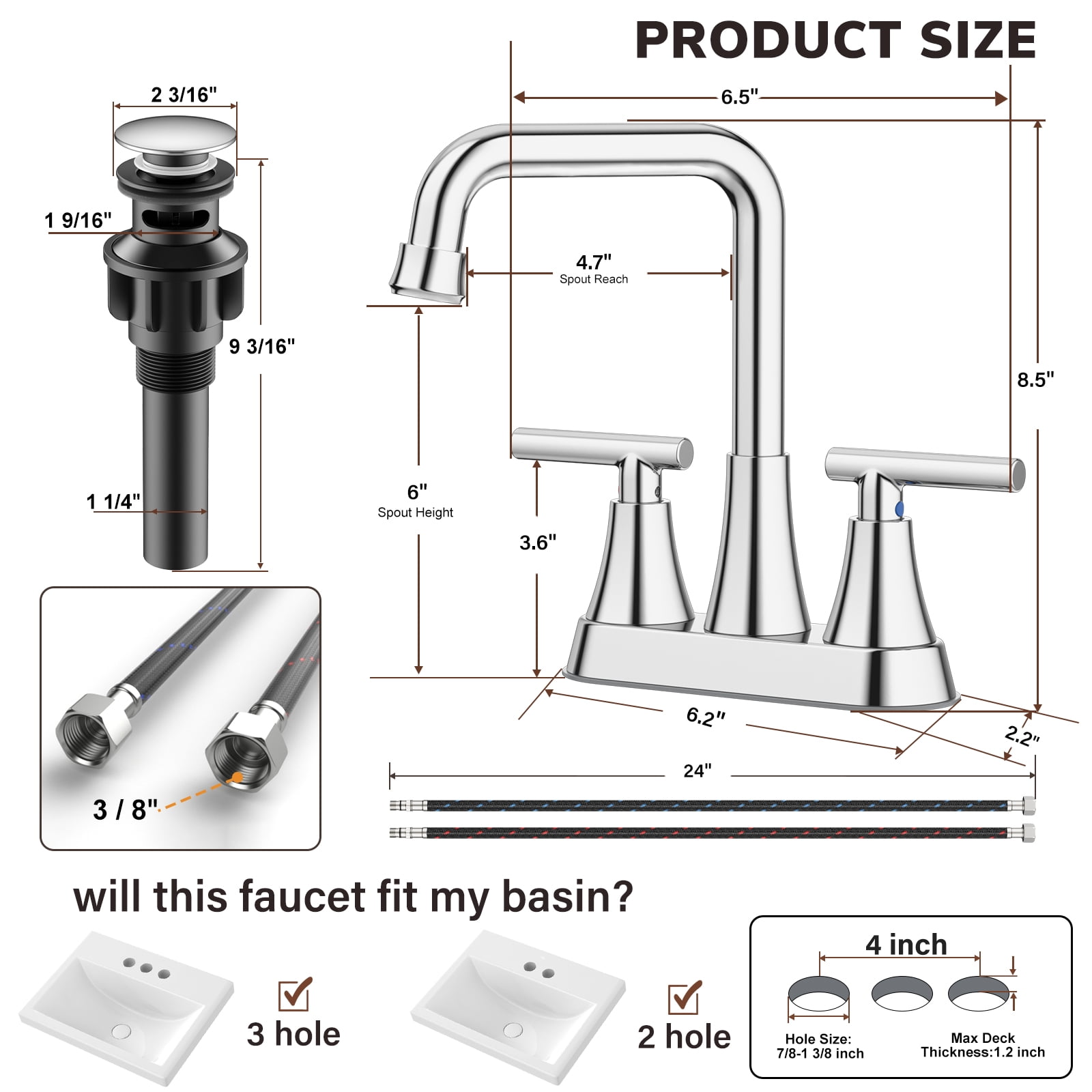 KINGTACK Bathroom Sink Faucet, 4 inch Chrome Bathroom Faucets with Pop-up Drain and Supply Lines, Stainless Steel 2-Handle Centerset Faucet for Bathroom Faucet 3 Hole