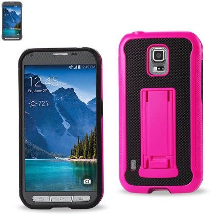 Phone Cases Galaxy S5 Active REIKO SAMSUNG GALAXY S5 ACTIVE HYBRID HEAVY DUTY CASE WITH VERTICAL KICKSTAND IN BLACK HOT PINK ()