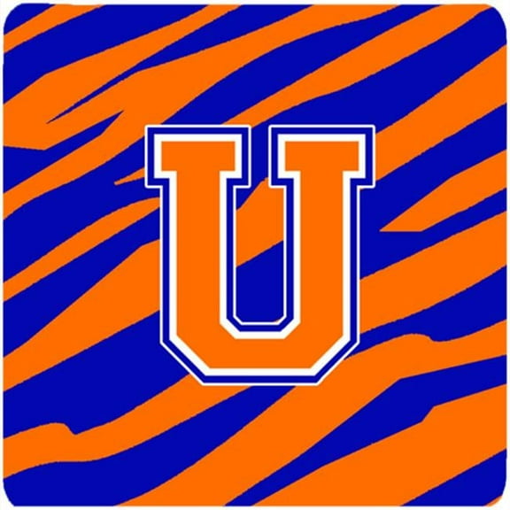 Monogram - Tiger Stripe - Blue Orange Foam Coasters, Initial Letter U - Set 4, 3.5 x 3.5 In.