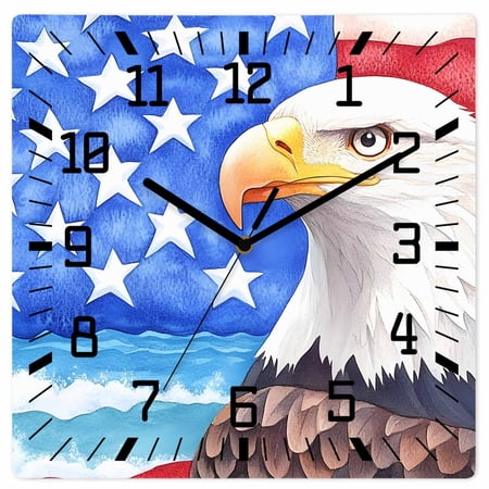 American Flag Wooden Wall Clock Silent Non Ticking, Country Eagle Independence Day Blue Red Square Wall Clocks Battery Operated, Decor Clock for Home Office, Living Room, Kitchen, 10 Inch