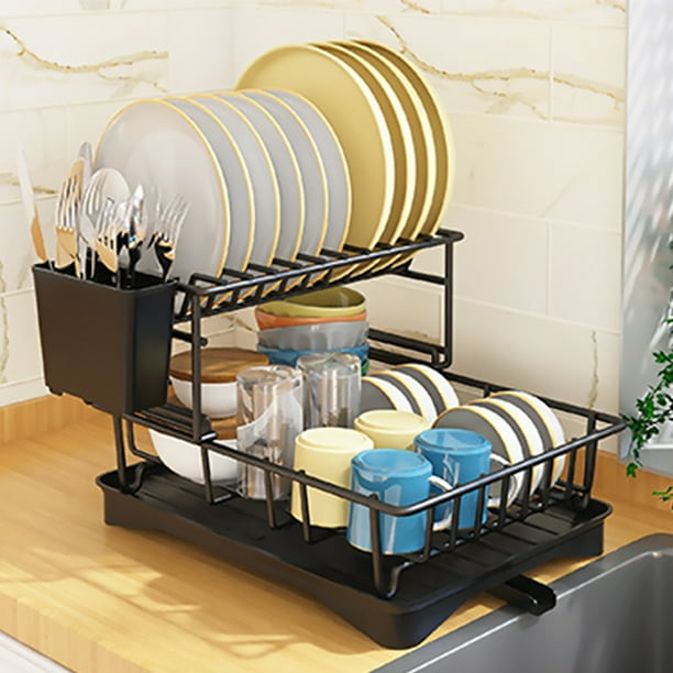 Escurridor De Trastes Rejilla de secado Tazón de doble capa Estantes de platos de metal para tazón de taza (2 capas) Negro Likrtyny Para estrenar