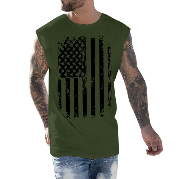Baqcunre Tank Tops Men Male Independence Day Spring Summer Vest Print Pattern Round Neck Plus Size Comfortable Vest T-Shirts For Men Tops For Men Army Green L