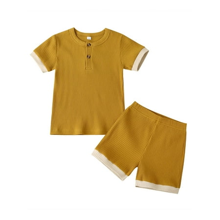 

FOCUSNORM Toddler Baby Boy Girl Summer Short Set Unisex Ribbed Short Sleeve T-Shirt Tops+Short Pants Outfits