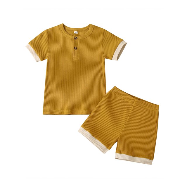 Xingqing Toddler Baby Boy Girl Summer Short Set Unisex Ribbed Short Sleeve T-Shirt Tops+Short Pants Outfits