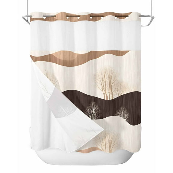 No Hook Shower Curtains with Snap in Liner, Beige Brown Stripe Waterproof Fabric Shower Curtain, Modern Abstract Wave Silhouette Double Layers & See-Through Top Window Bathroom Curtains 66''x72''