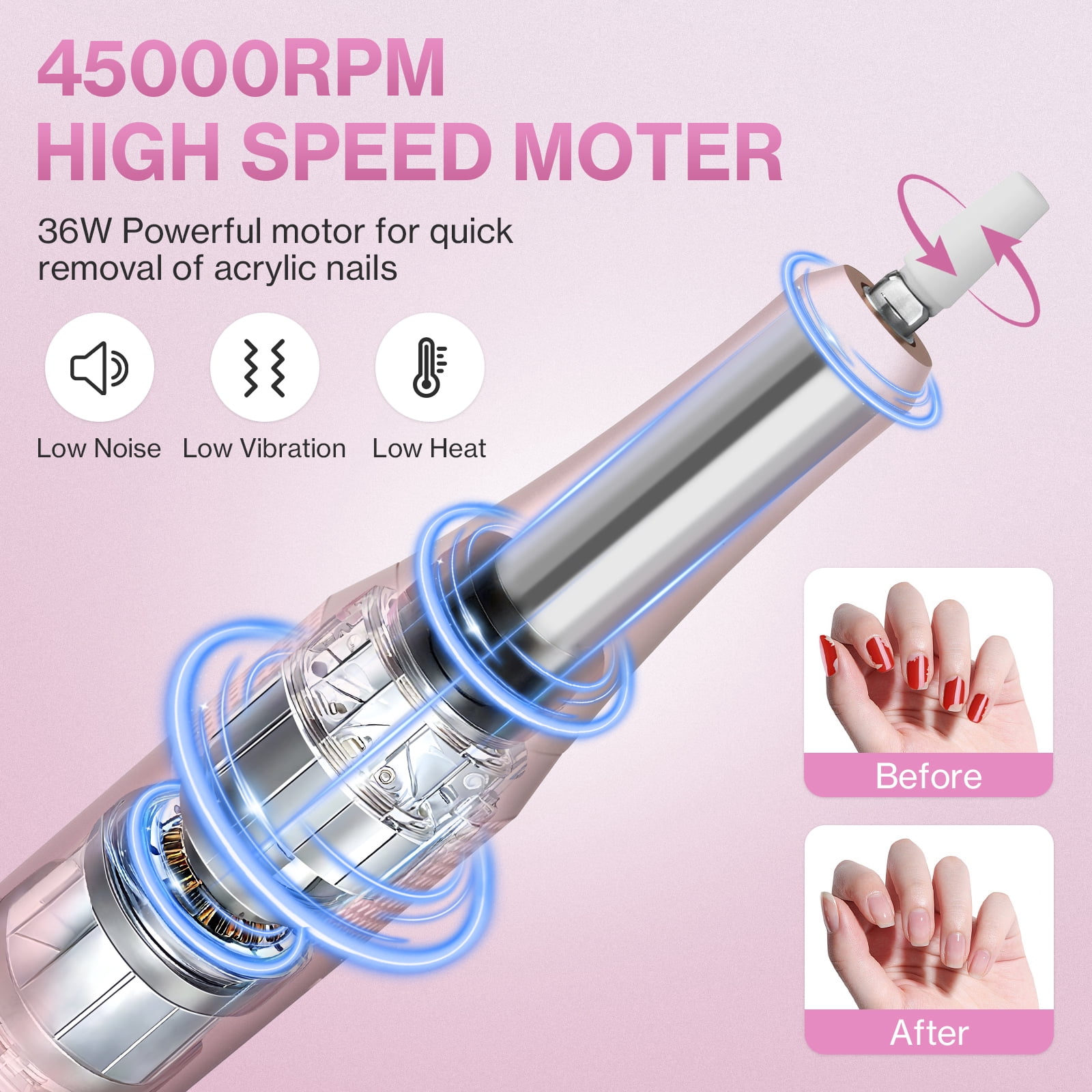 Electric Nail Drill Professional 45000RPM, Smart Touch Display Electric Nail File, Nail Drill Kit for Remover Acrylic & Gel Nails Manicure for Salon Home,Pink