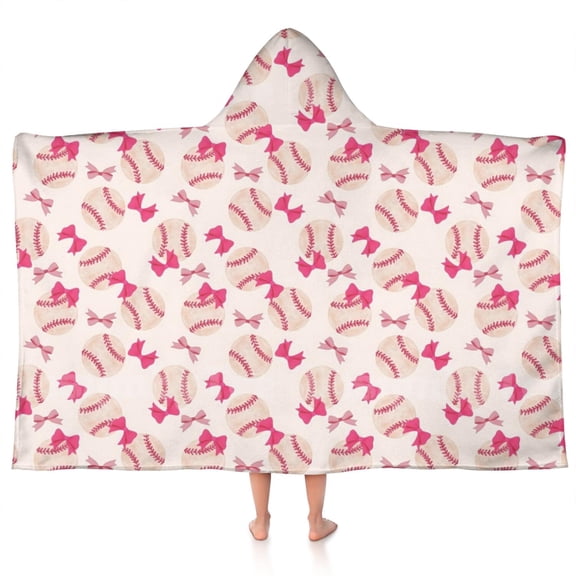 Pink Bows and Baseballs Pattern Hooded Bath Towel,50"x30" for Ages 3 To 12 Kids, Quick Dry Lightweight Soft Microfiber Hood Beach Towel Cover Up for Kids