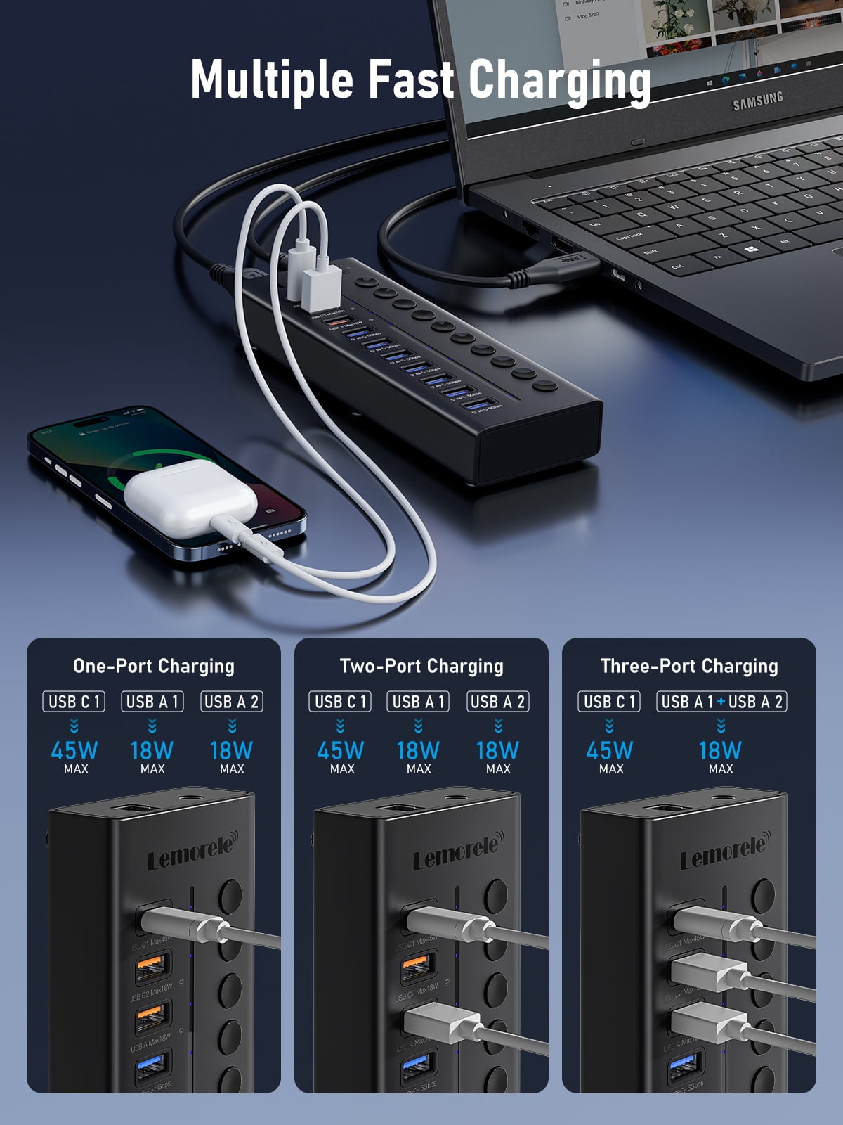 Clearance Sale!!! Lemorele 10 in 1 USB 3.0 Hub USB C Charging Ports 5Gbps Fast Charging for Windows MacOS