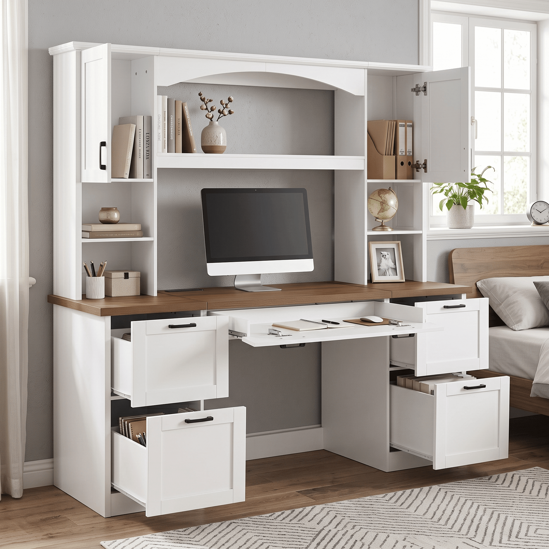 Homy Casa 67.5" Farmhouse Computer Desk with Hutch, Charging Station and File Drawer, White Walnut