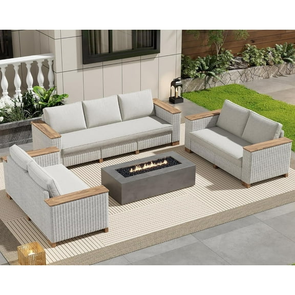 Jocisland Patio Furniture Set, 7 Piece Modular Rattan Outdoor Sectional Set with Washable Cushions, 3-Seat Outdoor Couch, 2 Loveseats for Lawn Deck Backyard Garden, Beige