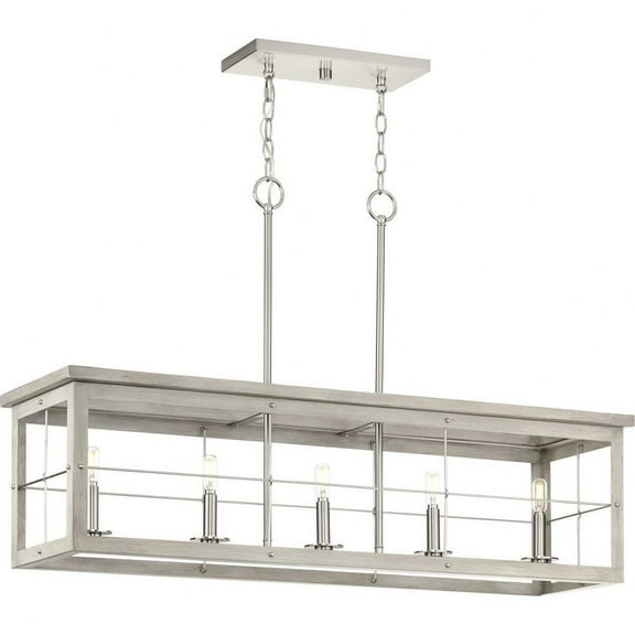 Hedgerow Collection Five-Light Brushed Nickel and Grey Washed Oak Farmhouse Style Linear Island Chandelier Light