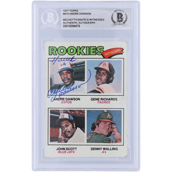 Andre Dawson Montreal Expos Autographed 1977 Topps Series 2 #473 Beckett Fanatics Witnessed Authenticated Rookie Card with "HAWK" Inscription - Fanatics Authentic Certified