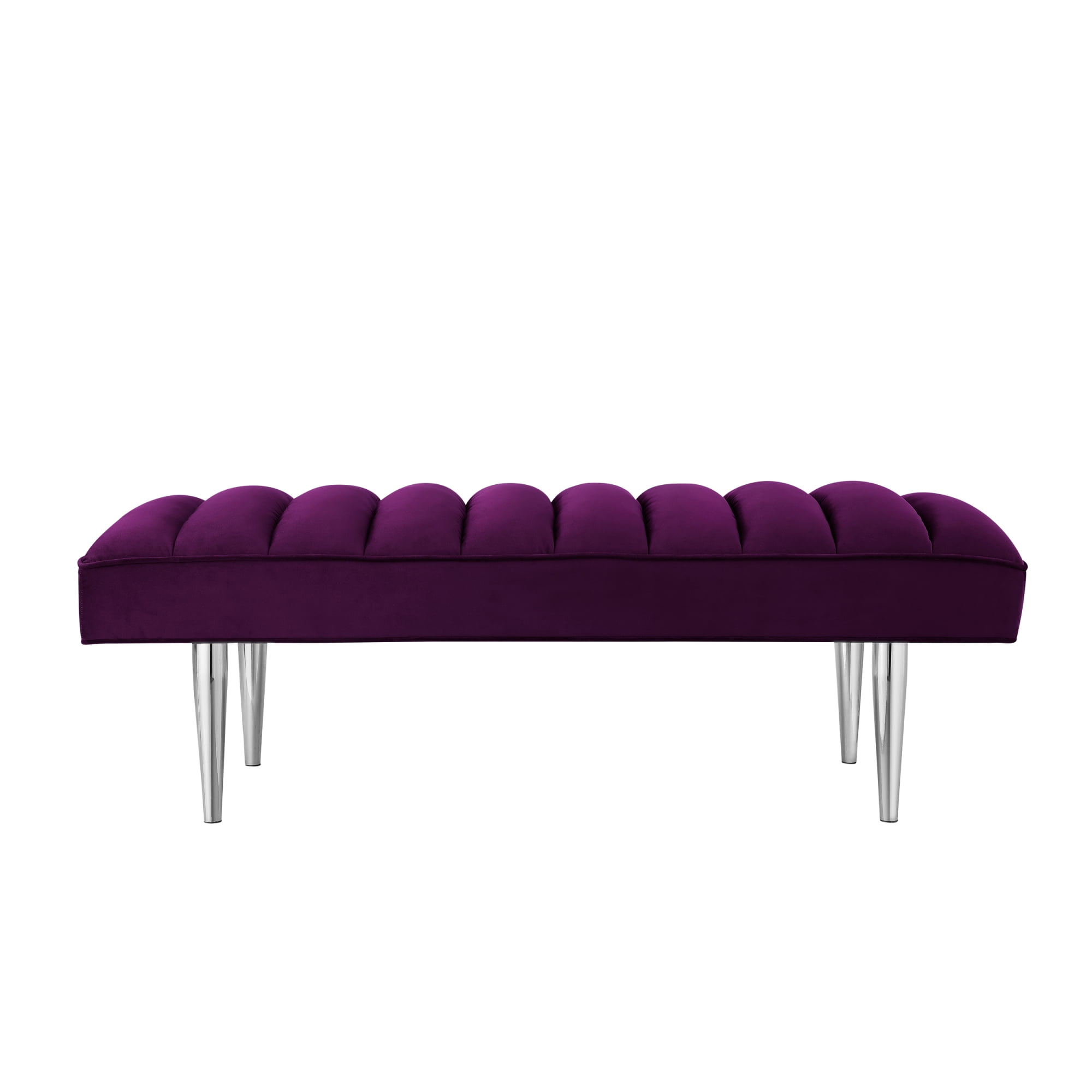 Bodie Purple/Chrome Velvet Bench - Upholstered, Channel Tufted, Tapered Mirrorred Lacquer Finish Stainless Steel Legs