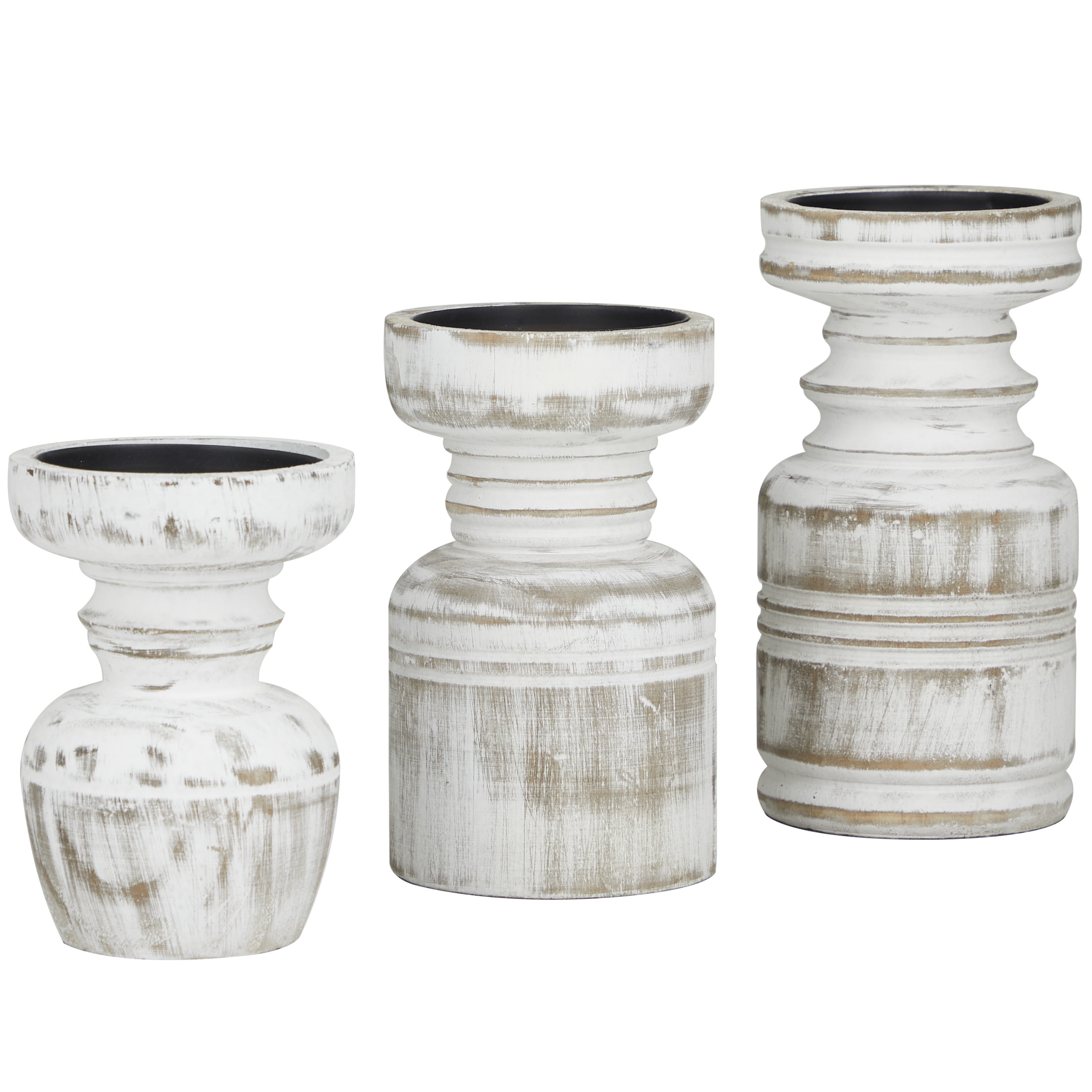 DecMode 3 Candle White Wood Distressed Pillar Candle Holder, Set of 3
