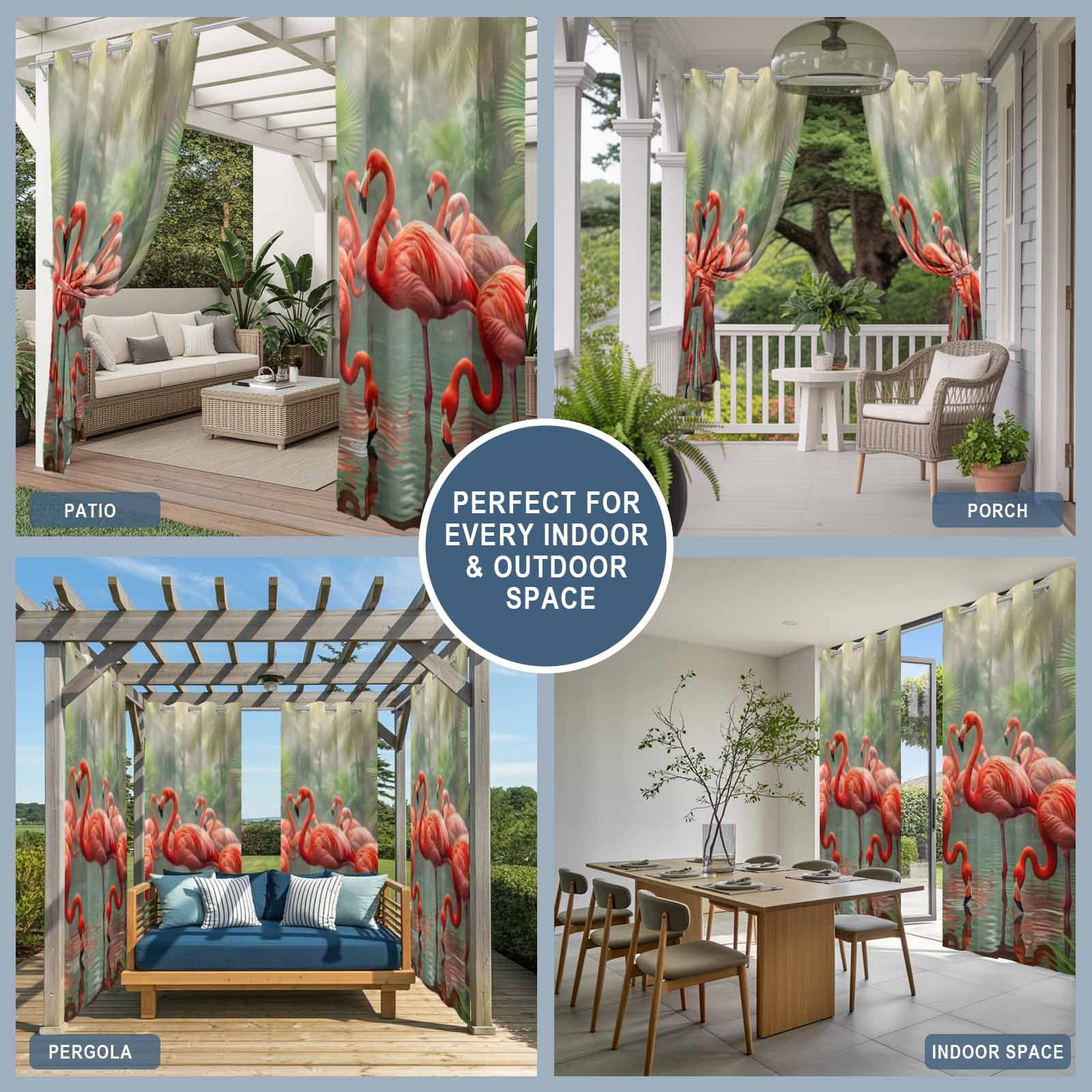 Flamingo Colony Outdoor Curtains for Patio, Animal Jungle Leaf Tropical Pond Rainforest Botanical Sunshade Privacy Drapes Grommet Waterproof Outside Curtains for Porch Balcony 54"x108", 1 Panel