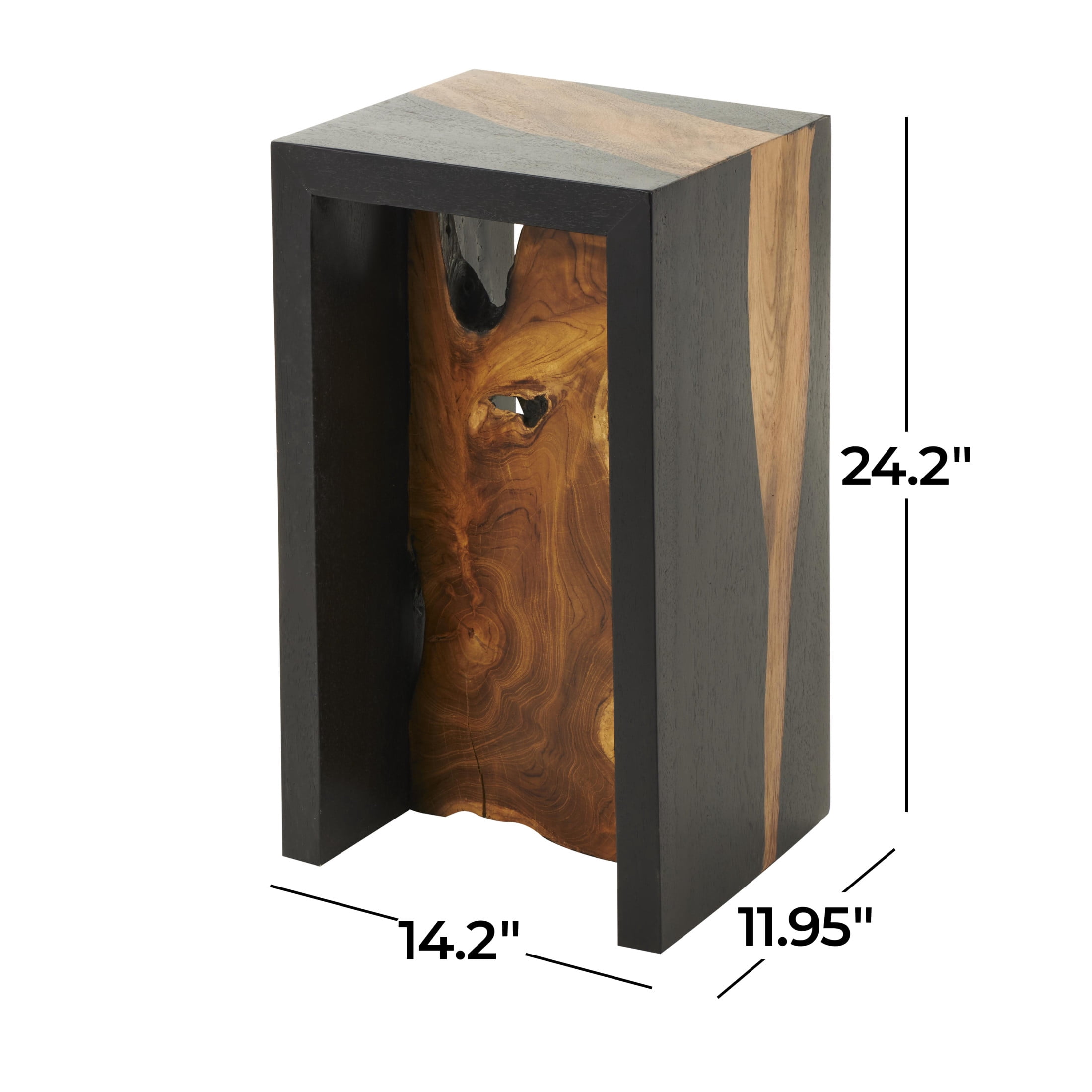 DecMode 14" x 24" Black Wood Handmade Block Accent Table with Brown Live Edge Wood Interior, 1-Piece