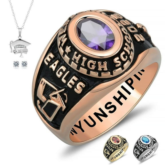 Ccjcinata Fully Personalized Customized class rings Sterling Silver Women's High School Class Rings and College Class Ring – Classic Collection (Sterling Silver - Rose Gold Plated)