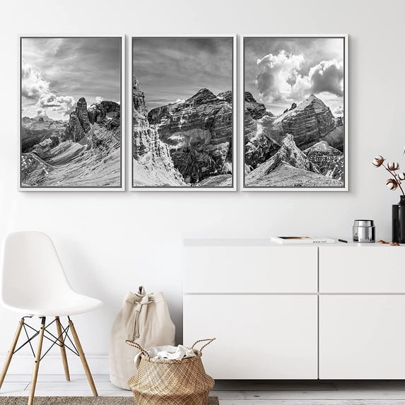 PixonSign Canvas Print Wall Art Set Mountain Range on a Sunlit Day Nature Wilderness Photography Realism Southwest Landscape Ultra Black and White for Living Room, Bedroom, Office - 24"x36"x3 White