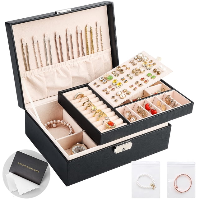 Sanikeon Cajas de joyería para mujeres y niñas, estuche organizador de joyas de cuero de 2 capas con caja de almacenamiento con cerradura, bandeja extraíble para collar, aretes, anillos con paño de pu