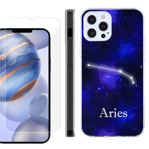 Slim Fit Protective Phone Case for Apple iPhone 12 / iPhone 12 Pro, with Tempered Glass Screen Protector, by OneToughShield ® - Zodiac / Aries